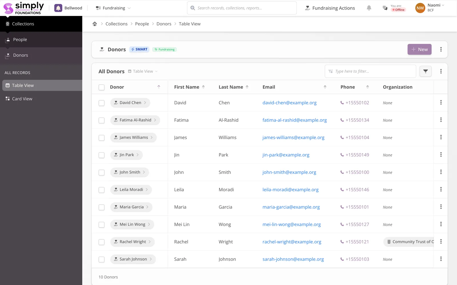 Donor records in Simply Foundations — names, giving history, and status in a live table.