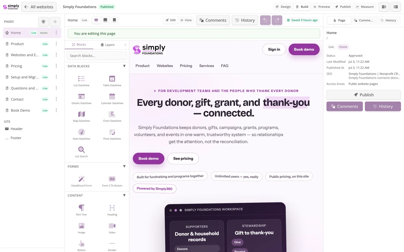 The Simply Foundations website open in Website Studio.
